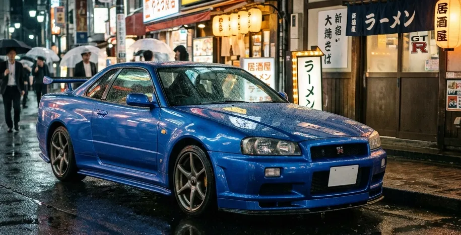 Blue Nissan Skyline GT-R R34 parked at night in Tokyo - JDM Legends Collection
